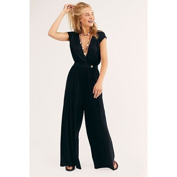 NWT Free People FP Beach Naomi Jumpsuit in Black Deep V-neck Wide Leg Jersey XS